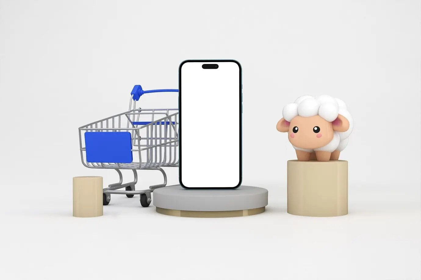An e-commerce promotion featuring a smartphone and a shopping cart with a sheep.