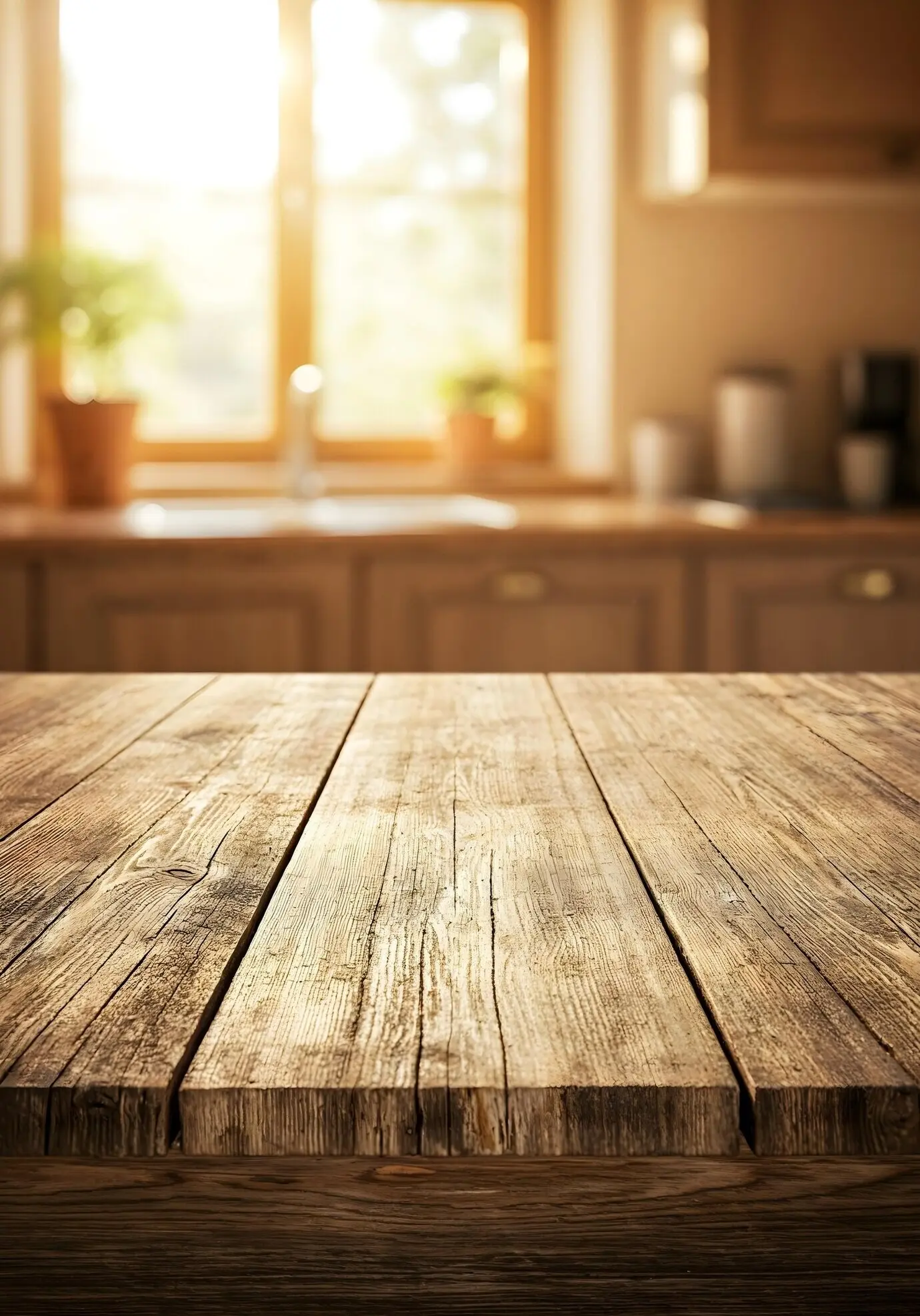 A rustic wooden table in a kitchen, with a blurred background.