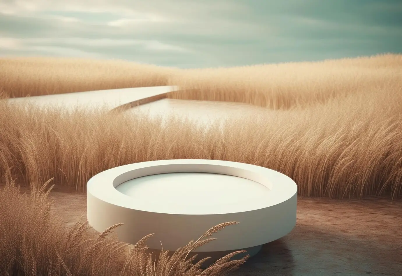 A display podium on a sand background with a sunshade and a shadow in the background for cosmetic perfume fa.